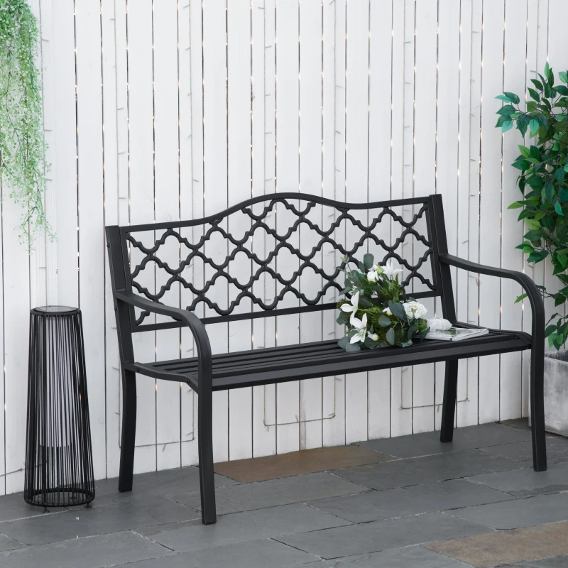 Outsunny Panchina da Esterno 2 Posti in Acciaio e Ghisa con Braccioli e Schienale Decorato, 128x58.5x89cm, Nero