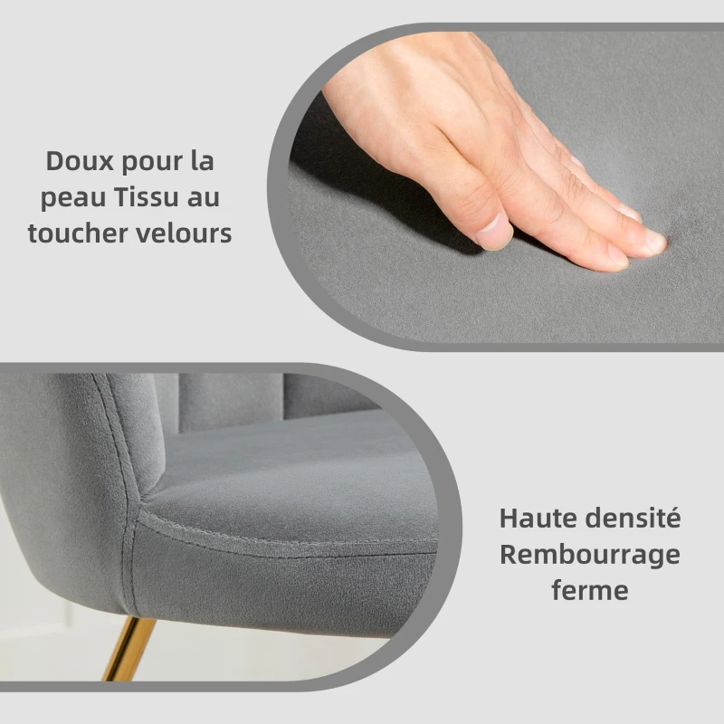 HOMCOM Fauteuil coquillage chaise coiffeuse fauteuil en velours fauteuil de salon avec pieds en acier 69 x 64 x 80 cm gris