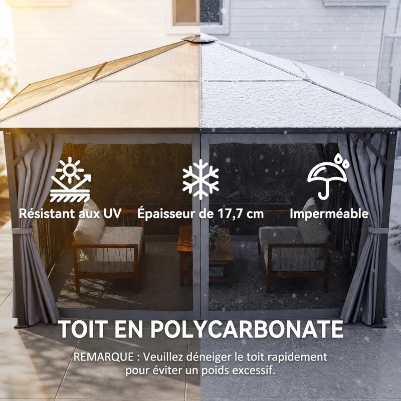 Outsunny Tonnelle pavillon de jardin avec toit rigide polycarbonate imperméable 4 parois latérales anti-UV moustiquaires 4 x 3 m gris foncé et noir
