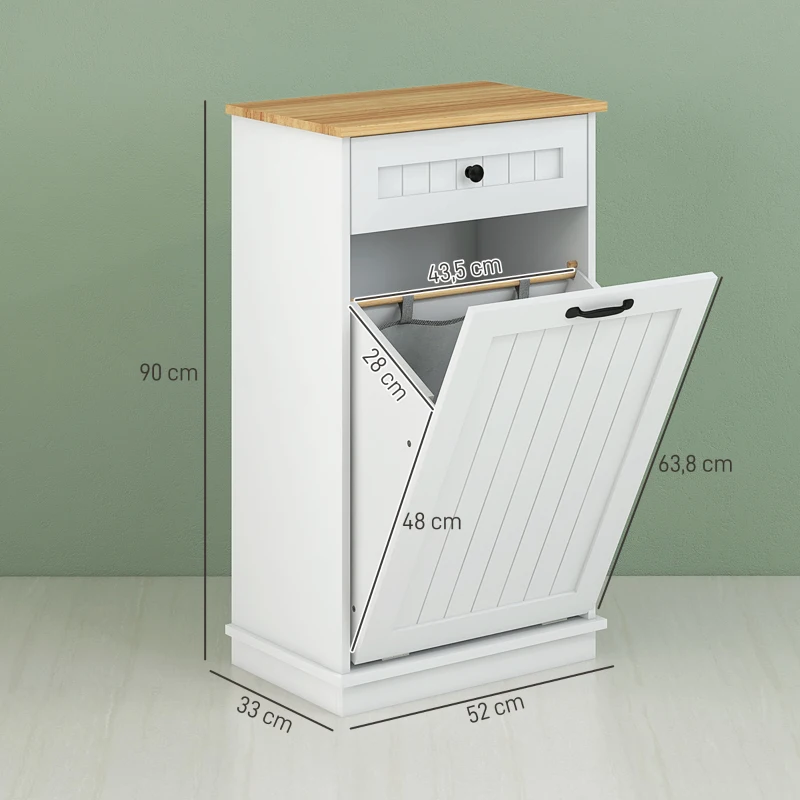 HOMCOM Mobiletto Bagno in Legno con Cesto Portabiancheria in Tessuto Ribaltabile e Cassetto, Bianco