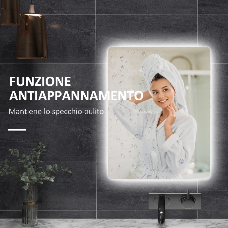 kleankin Specchio Bagno con Luci LED Regolabili, Interruttori Touch e Funzione Antiappannamento, 70x50 cm