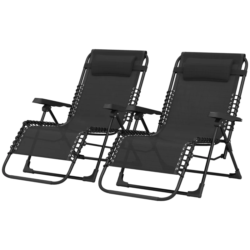 Outsunny Lot de 2 bain de soleil, chaise longue pliante inclinable avec appuie-tête en textilène, 90 x 65 x 112 cm, noir