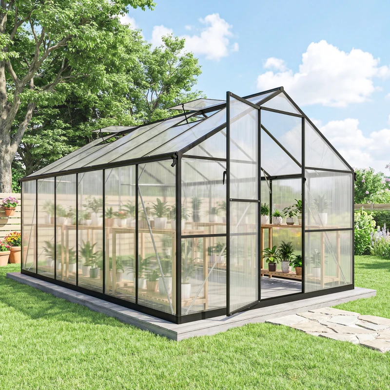 Outsunny Serre de jardin en aluminium polycarbonate, serre avec fenêtres supérieures réglables 363x247x205cm noir