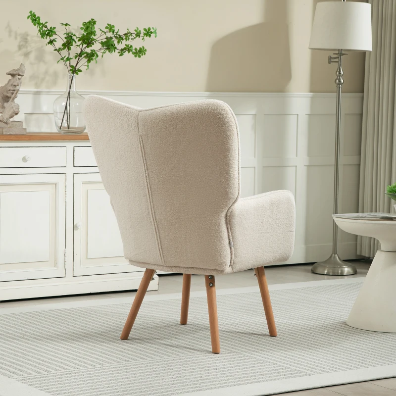 HOMCOM Modern Accent Chair, Upholstered High Back Armchair with Tufted Wingback, Seat Padding, Teddy Fleece Leisure Lounge Bedroom Chair with Wood Legs, Cream White