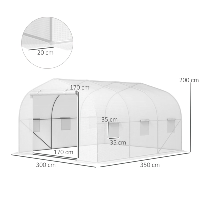 Outsunny Serra a Tunnel per Giardino con 6 Finestre e Porta a Rullo, in Acciaio e PE, 3.5x3x2 m, Bianco