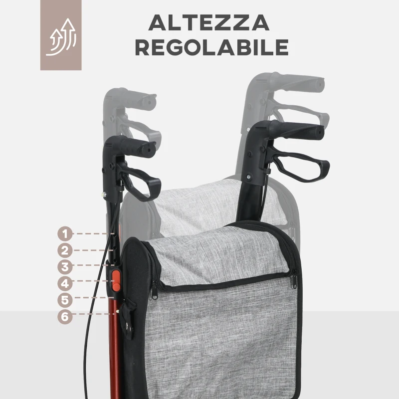 HOMCOM Deambulatore ad Altezza Regolabile con 3 Ruote e Tasca Portaoggetti, in Alluminio, 68x68x86.5-99 cm, Rosso