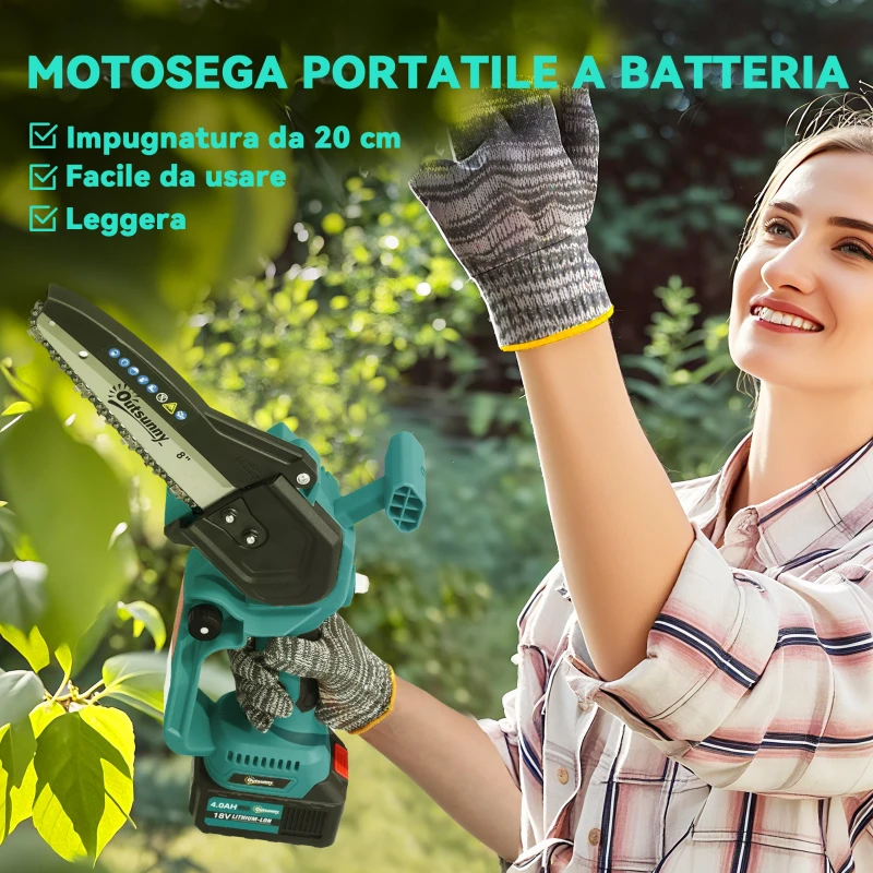 Outsunny Motosega a Batterie 2 in 1 con Palo Telescopico, Motore Brushless, 2 Batterie e Blocco di Sicurezza, Blu