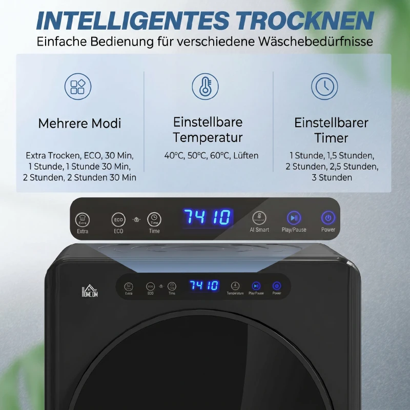 HOMCOM Wäschetrockner, 6 Programme, 40-60℃, 5 kg Kapazität, kompakt, Touch-Bedienung, Schwarz(m-4)