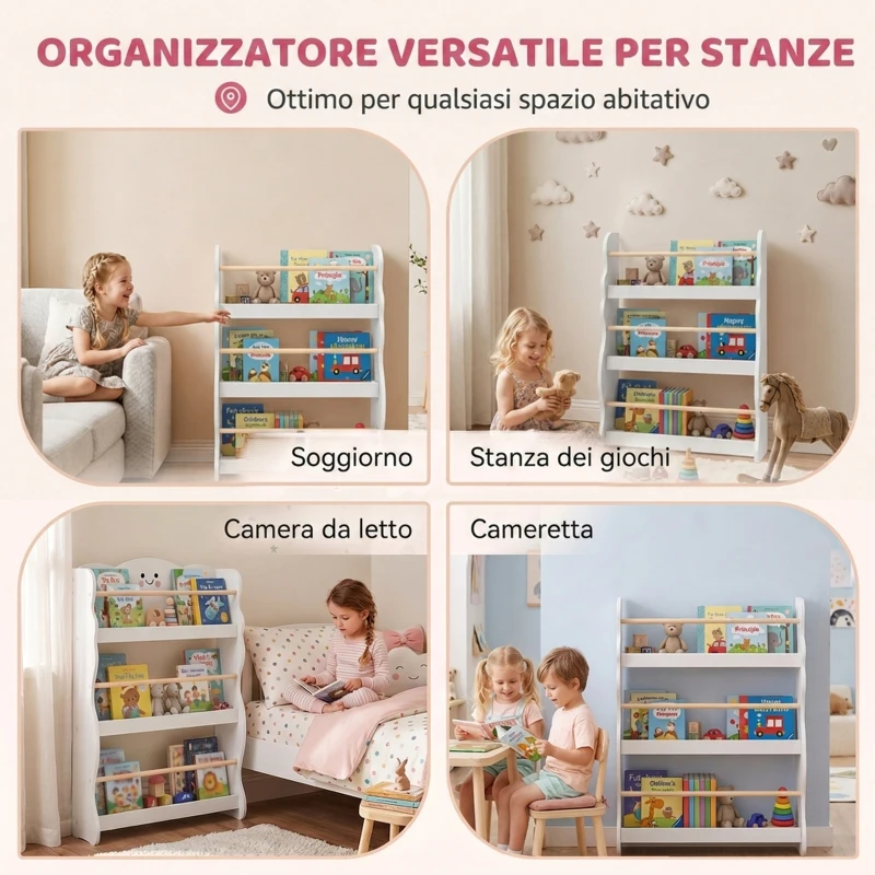 AIYAPLAY Libreria Montessoriana per Bambini 3-8 Anni a 3 Ripiani, 60x15x73 cm, per Cameretta, Bianco