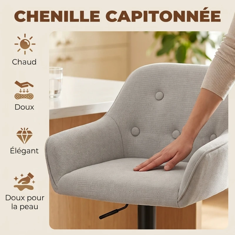 HOMCOM Tabourets de Bar Lot de 2, Chaises de Bar en Chenille, Hauteur Réglable, Pivotant 360°, Dossier et Repose-Pieds, Gris