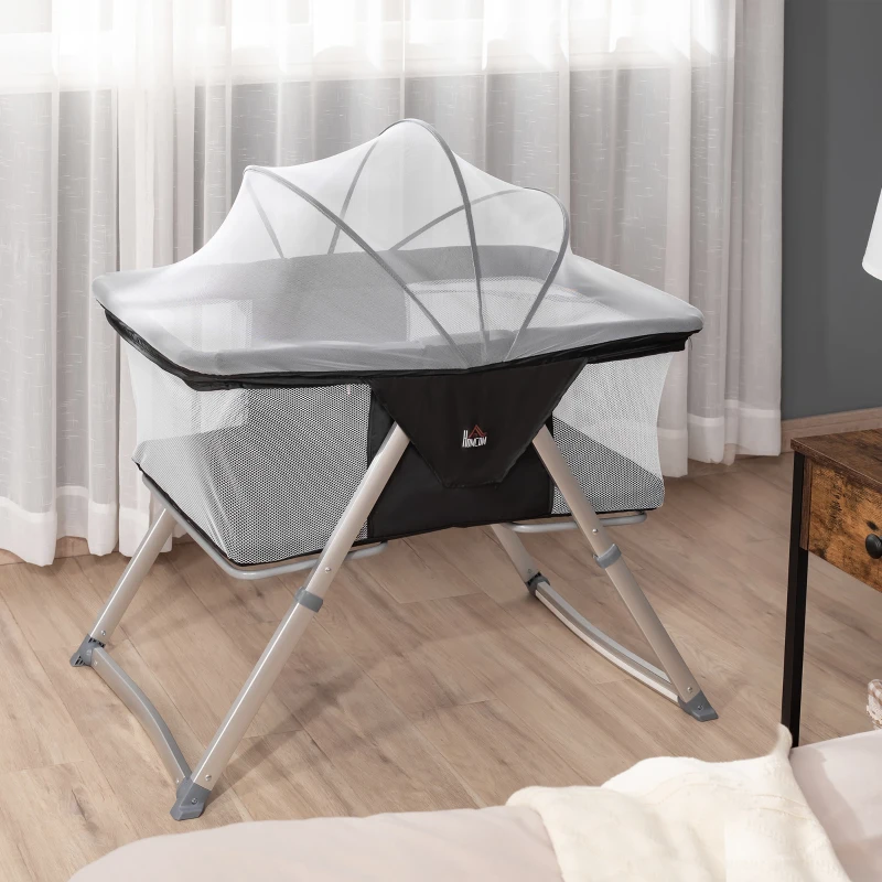 HOMCOM Culla da Campeggio 2 in 1 Pieghevole con Lettino a Dondolo e Zanzariera Età 0-6 Mesi, 59x55x67-69 cm, Nero