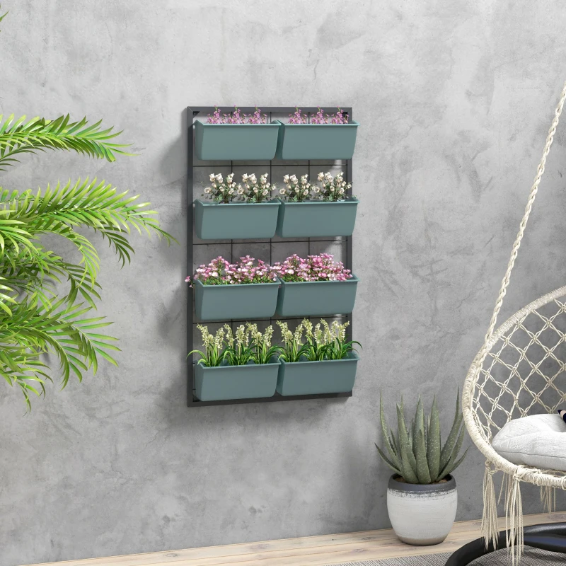 Outsunny Suport pentru Plante, 8 Jardiniere Suprapuse, Rezistente la Intemperii, 52,5 x 14 x 90 cm, Gri + Negru