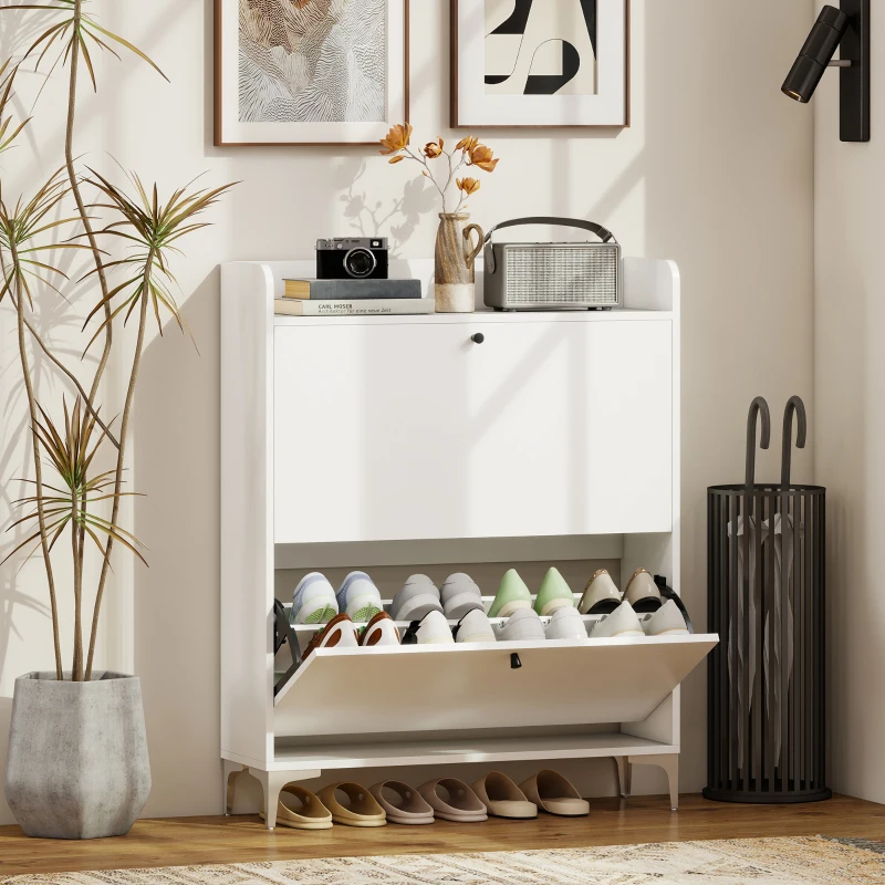 HOMCOM Mobile Scarpiera Slim con 2 Cassetti a Ribalta e Ripiani Regolabili, in Legno e Metallo, 80x24x101 cm, Bianco