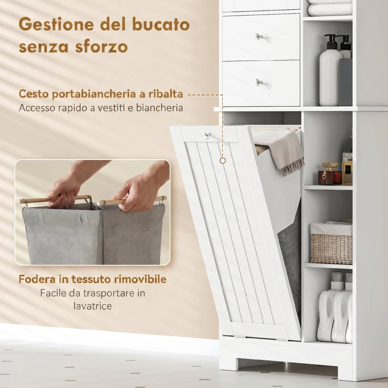 HOMCOM Armadietto da Bagno Bianco, Cesto Biancheria Inclinabile, Cassetti