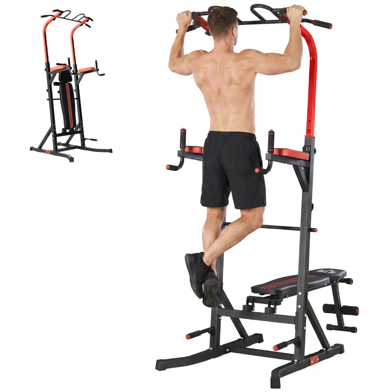 HOMCOM Power Tower Stazione per Allenamento Pieghevole e Multiuso con Barra Trazioni e Sedia Romana, 108x178x202-238cm