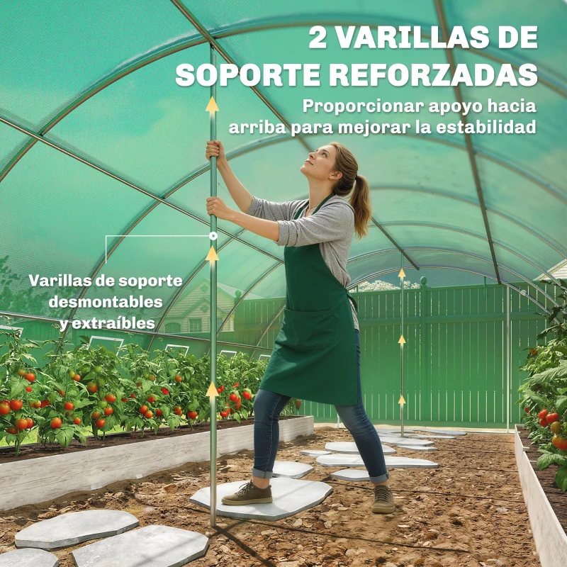 Outsunny Invernadero de Túnel con 2 Varillas de Soporte 2 Puertas Enrollables y Ventanas de Malla Cubierta de PE Anti-UV Verde