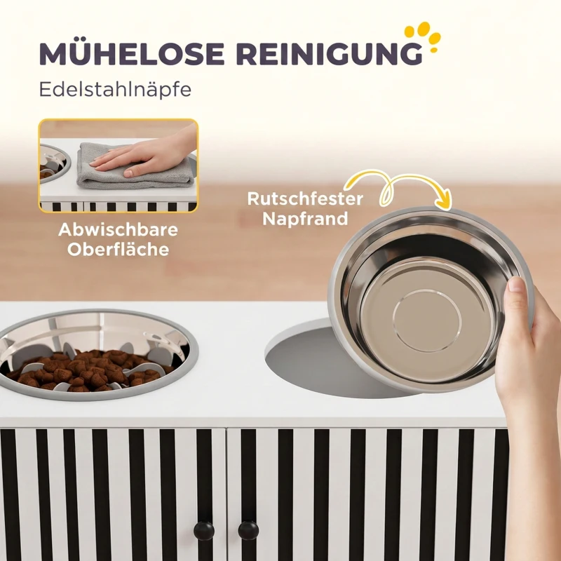 PawHut Hundefutterstation mit 2 Edelstahl-Näpfen, Schrank für Utensilien, für große Hunde, Zubehör, Weiß