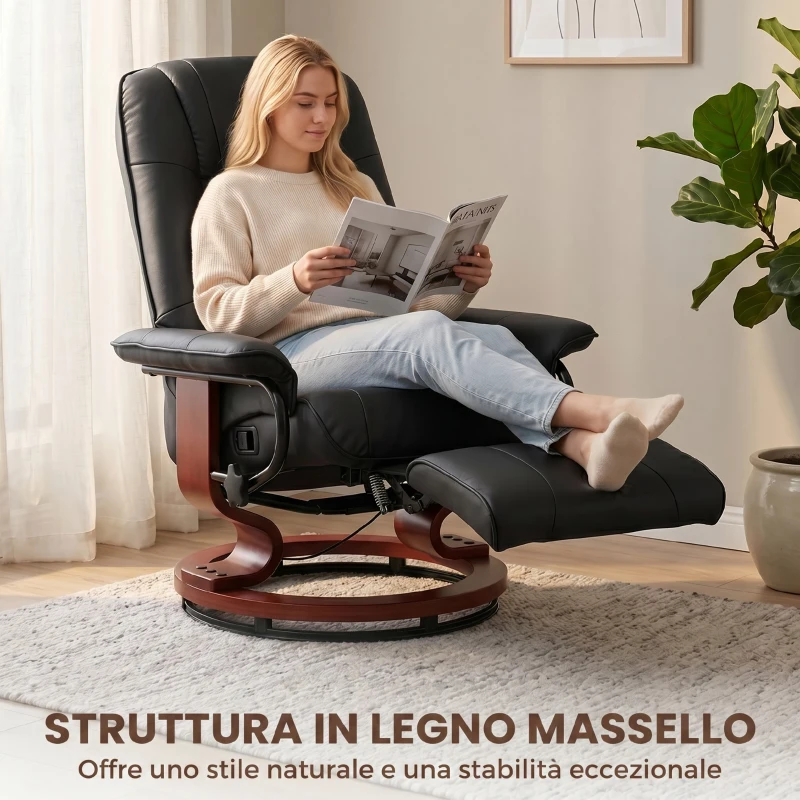 HOMCOM Poltrona Relax Reclinabile Manualmente fino 145° con Poggiapiedi e Rivestimento in Finta Pelle, Nero
