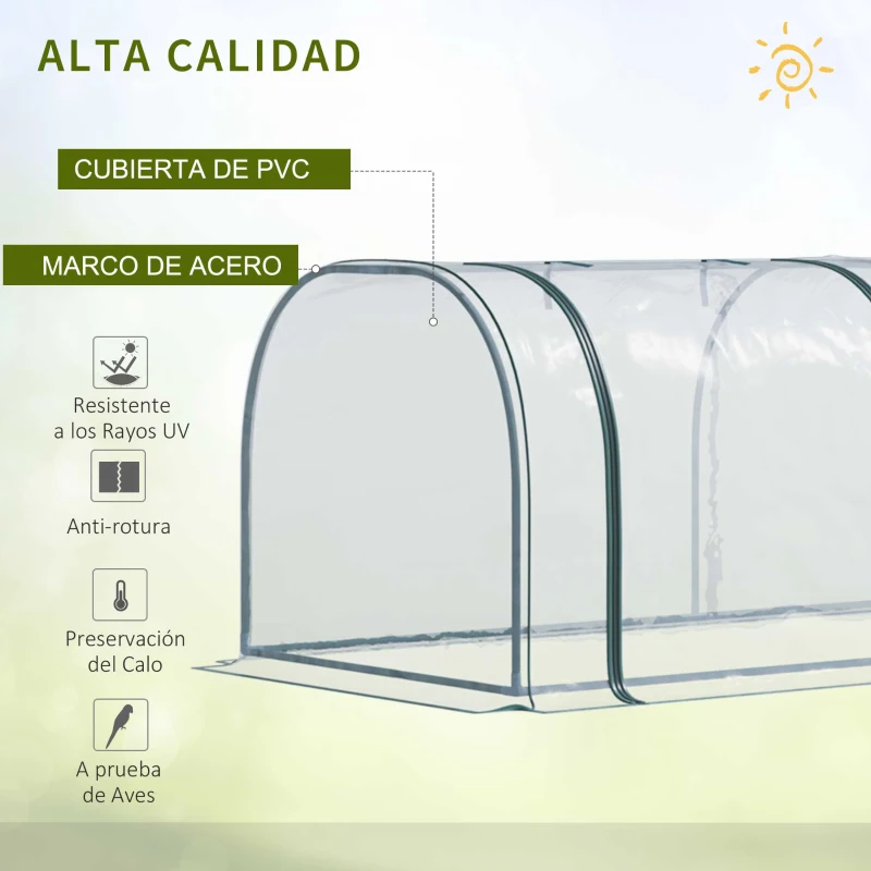 Outsunny Invernadero de Exterior 350x100x80 cm Invernadero de Jardín con 3 Puertas Enrollables Marco de Acero y para Cultivos Plantas Flores Transparente