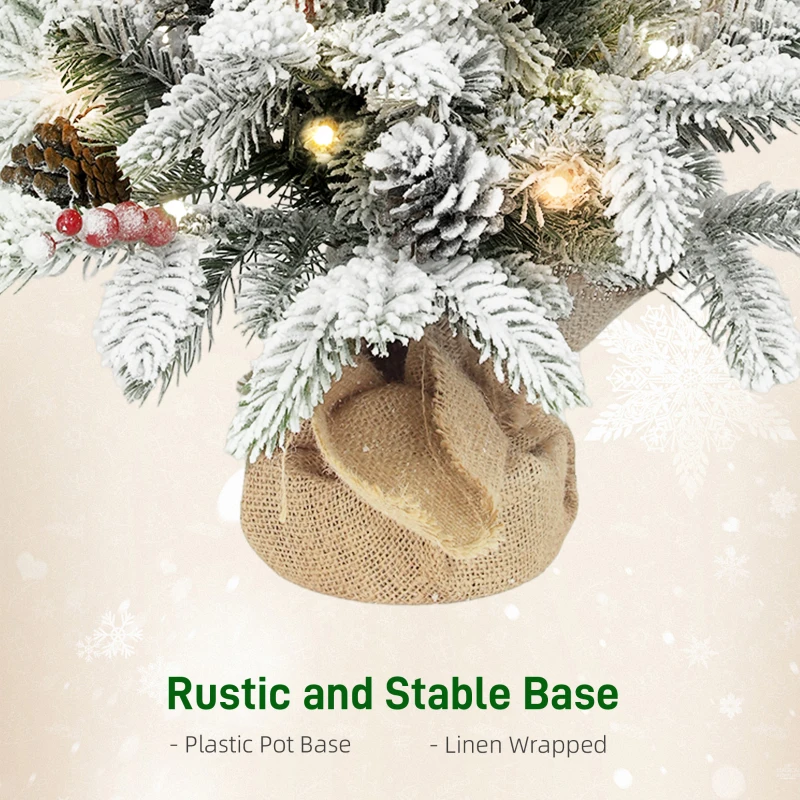 HOMCOM 60 cm Prelit Small Christmas Tree with 35 LED Lights, Snow Flocked Tabletop Mini Xmas Tree with Pine Cones, Berry Clusters and Linen Cover Base, Battery Operated, Green