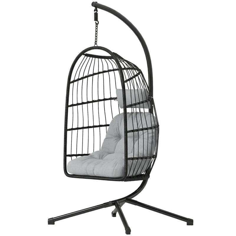 Outsunny Silla Colgante Huevo con Soporte Cesta Plegable Cojín Reposacabezas Altura Ajustable y Cuerda Carga 120 kg Gris Claro