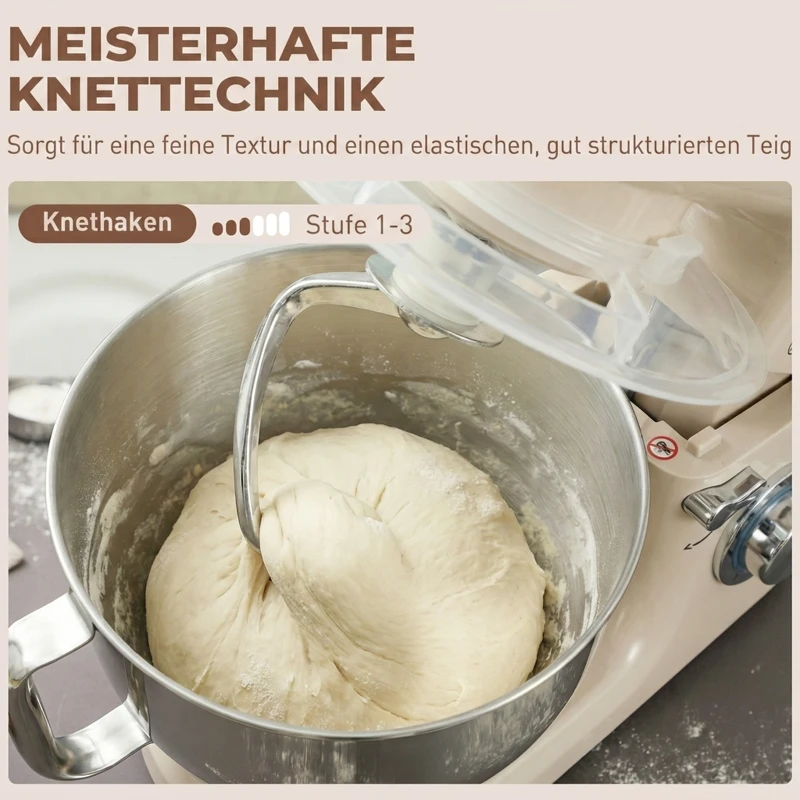 HOMCOM Keukenmachine 4,5 L met RVS-kom, 1300W, 6 snelheden + puls, beige