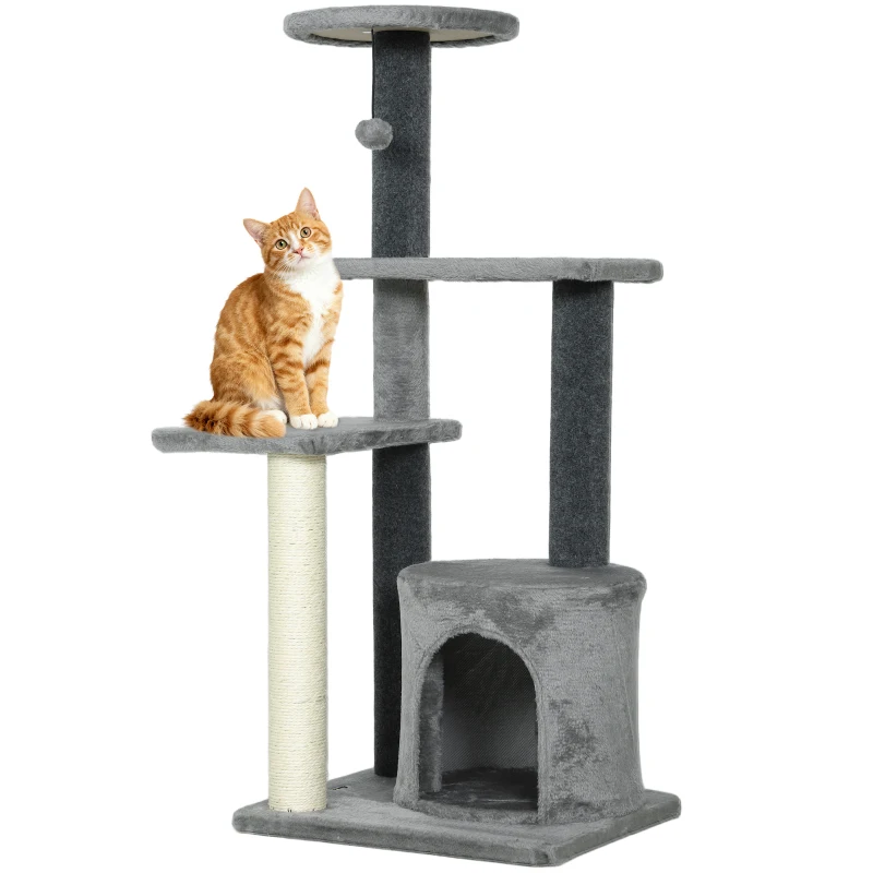 PawHut Kratzbaum 103 cm Katzenbaum mit Katzenhöhle, Plattformen, Sisal-Kratzsäulen, Plüschball für Katzen bis 5 kg, Grau