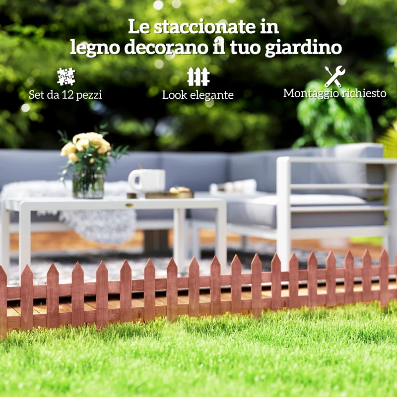 Outsunny Staccionata in Legno di Pino da 12 Pezzi per Aiuole, Giardino e Orto, Altezza 34cm