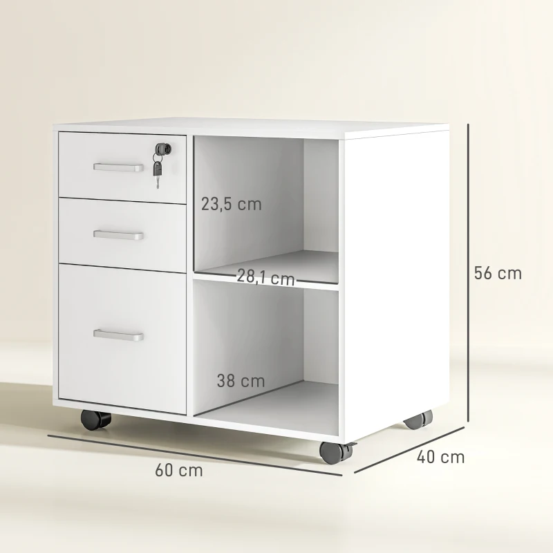 HOMCOM Cassettiera Portadocumenti da Ufficio con 3 Cassetti, Ruote, Serratura e Chiavi, 60x40x56 cm, Bianco
