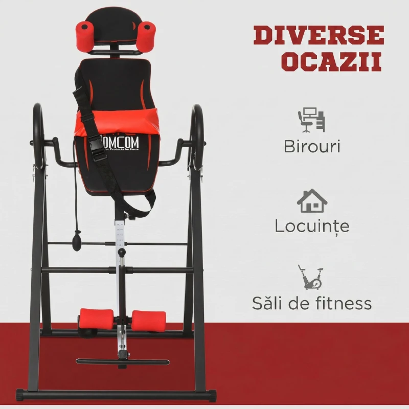 HOMCOM Bancă de Inversiune cu Unghi și Înălțime Reglabile și Tetieră, din Oțel și Plastic, 79x114x153 cm, Roșu și Negru