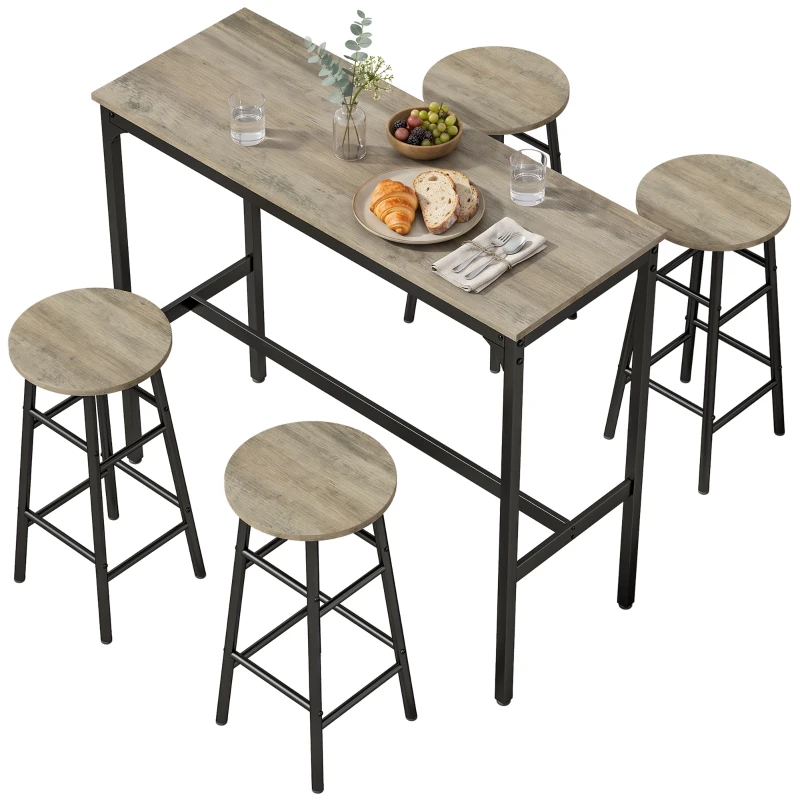 HOMCOM 5 Piece Bar Table Set with 4 Stools, Industrial Bar Table and Stool Set, Dining Table and Chair Set, Grey