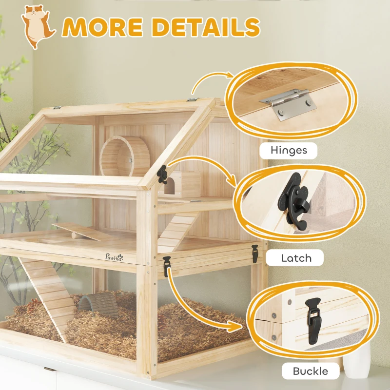 PawHut Cage hamster rongeur à 3 niveaux fond amovible de 31 cm de profondeur cabane balançoire 80x50x76cm finition bois naturel