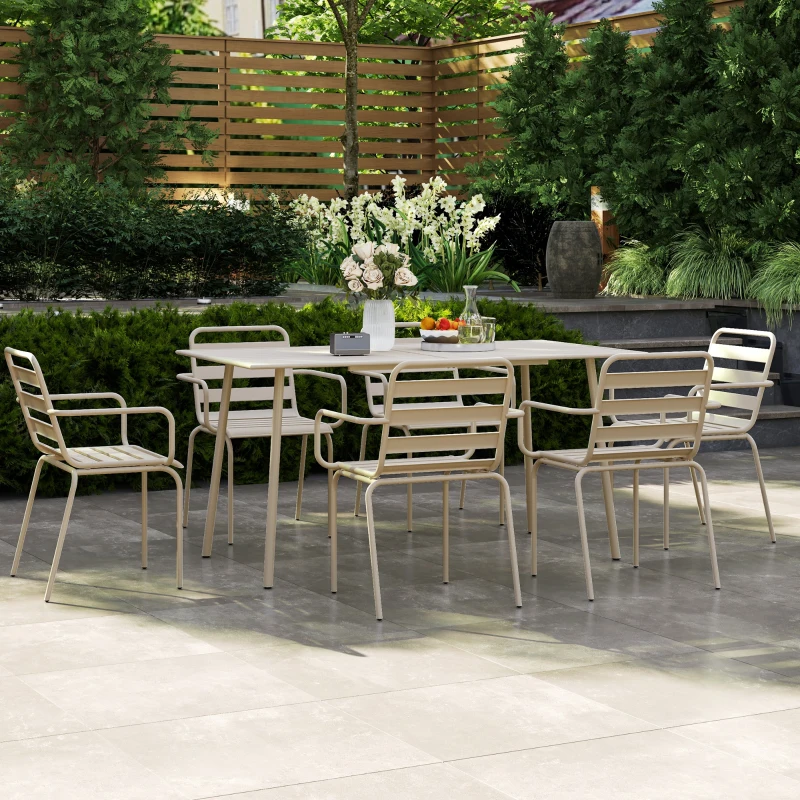 Outsunny Salon de jardin ensemble salle à manger de jardin 7 pièces avec 1 table et 6 chaises empilables en acier beige