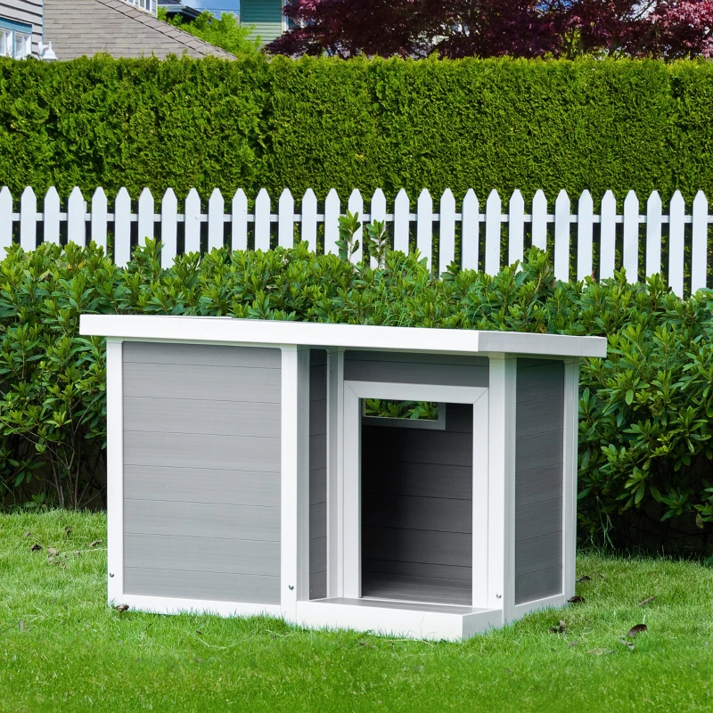 PawHut Casetta per Cani da Esterno con Porta e Terrazza, Cuccia per Cani di Taglia Media, Tetto Apribile e Finestra, Grigio