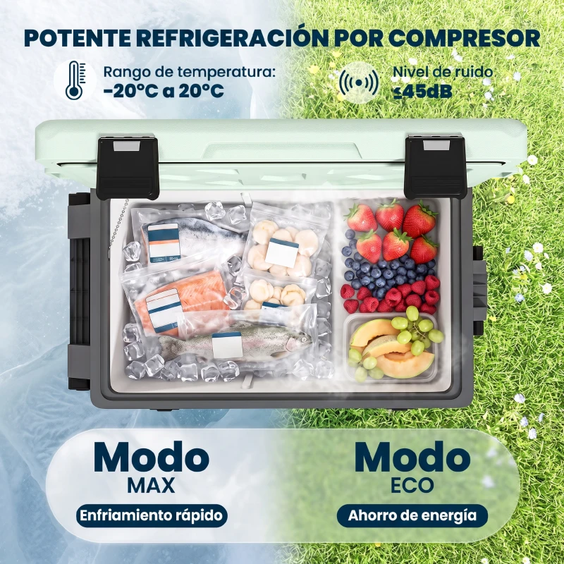 Outsunny Nevera Portátil Eléctrica 42,5L con Compresor Control por App Ruedas Asa Barra -20℃ a 20℃ y Soporte para Móvil Verde