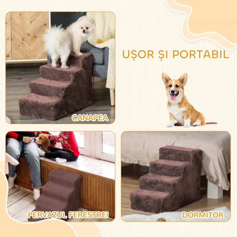 PawHut Scară pentru Câini cu 4 Trepte, Învelitoare Detașabilă și Lavabilă, Portabilă, 60x35x44 cm, Maro