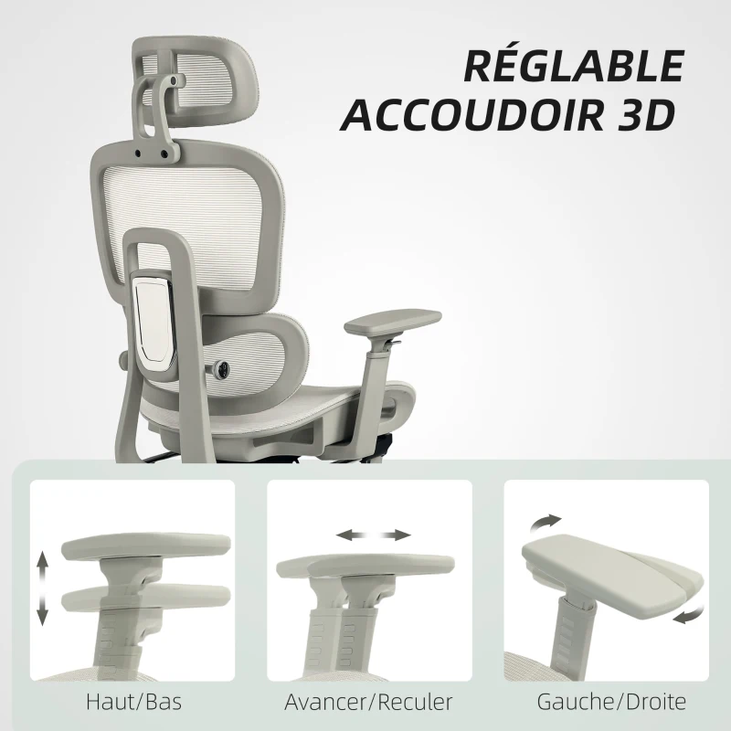 HOMCOM Chaise de bureau ergonomique en maille, fauteuil de bureau inclinable, accoudoirs 3D, appui-tête réglable, beige