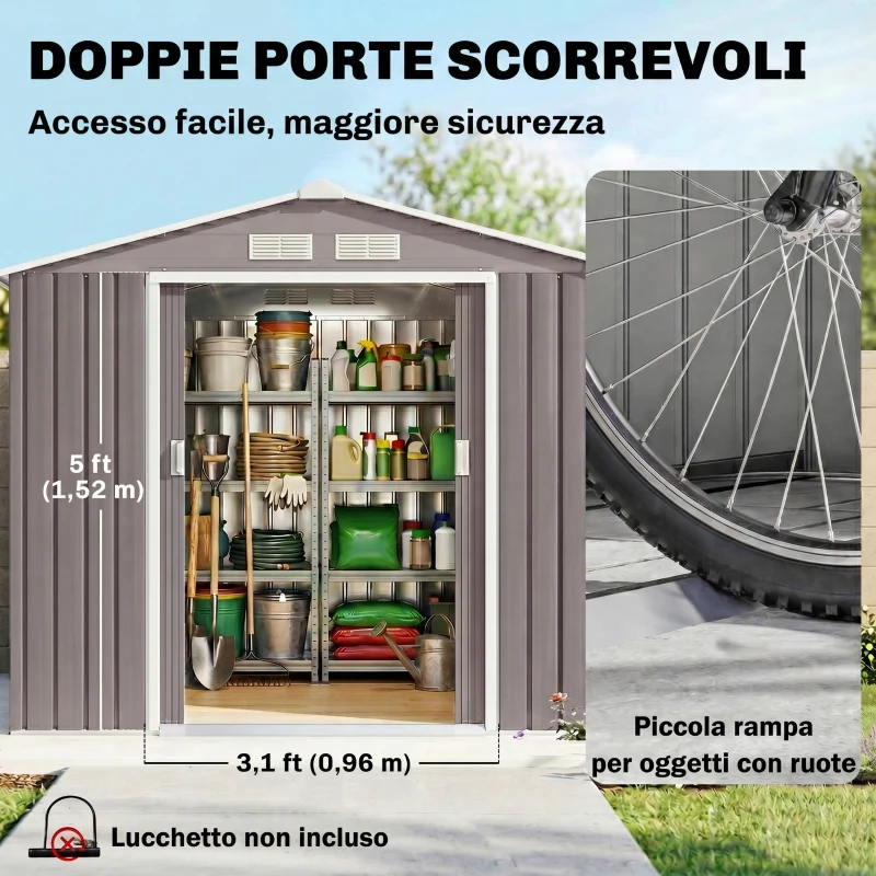 Outsunny Casetta da Giardino Porta Utensili in Lamiera con Porte Scorrevoli, 213x130x185 cm, Grigio