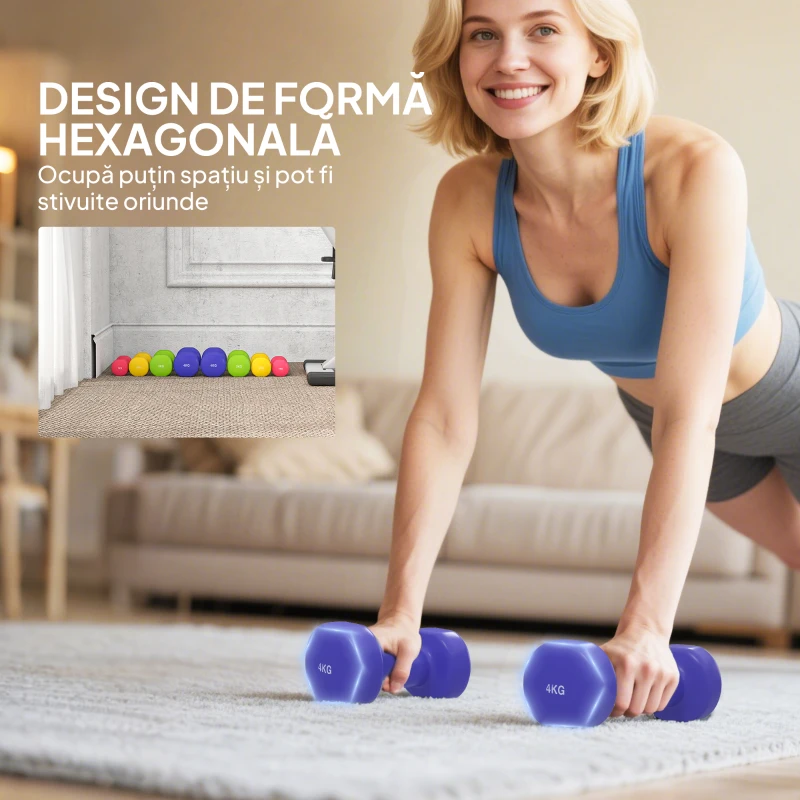 HOMCOM Set 4 Gantere Hexagonale de 20 kg în Total din Oțel și PU de la 1 la 4 kg, Multicolor