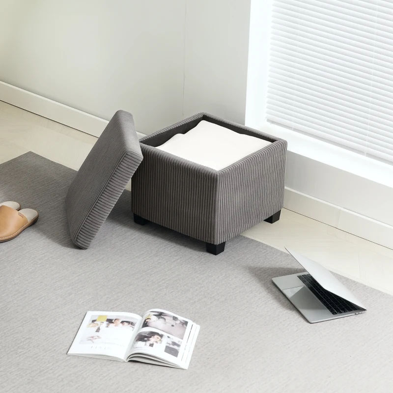 HOMCOM Coffre pouf rangement 30 L avec couvercle amovible, ottoman cube rembourré en velours côtelé, 40 x 40 x 40 cm, gris