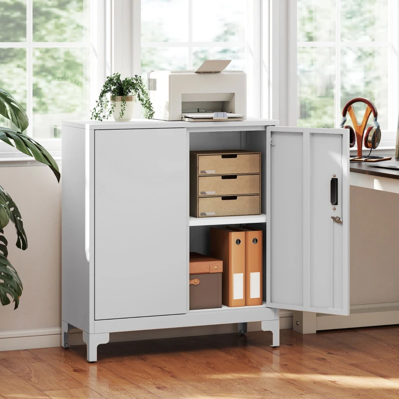 HOMCOM Mobile da Ufficio Portadocumenti con 3 Ripiani, 2 Ante e Chiavi, 80x35x91 cm, Bianco
