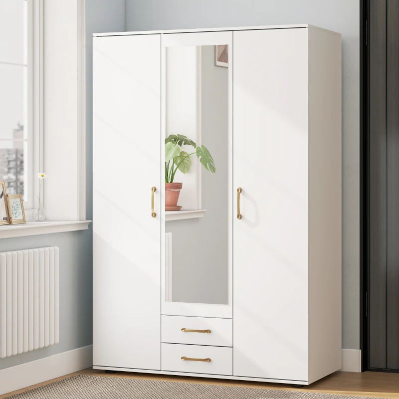 HOMCOM Armadio Moderno con Specchio, 3 Ante e 2 Cassetti, 120155x180 cm, Bianco