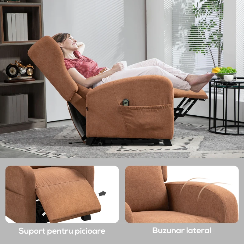 HOMCOM Fotoliu Relaxant cu Funcție de Ridicare, din Catifea, cu Spătar Rabatabil la 160° și Telecomandă, Maro Închis