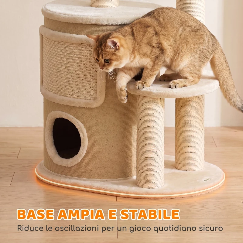 PawHut Tiragraffi per Gatti 90 cm Multilivello con 4 Pali in Sisal, 2 Casette, Cuccia, Pompon, Beige