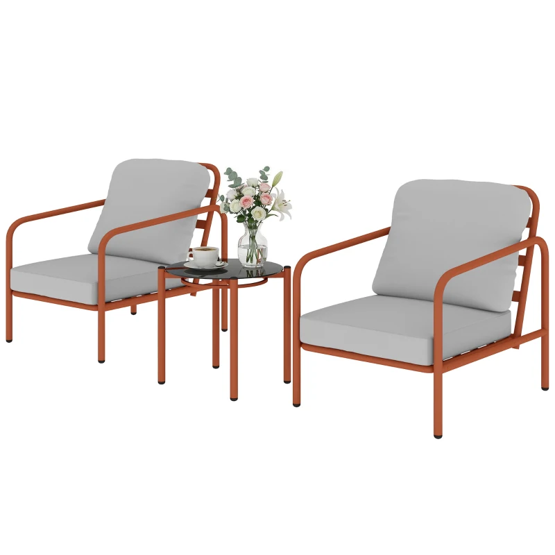 Outsunny Salon de Jardin 3 Pièces, 2 Fauteuils, 1 Table Basse, Coussins Épais, Plateau en Verre Trempé, 63x77x76cm, Rouge Vineux