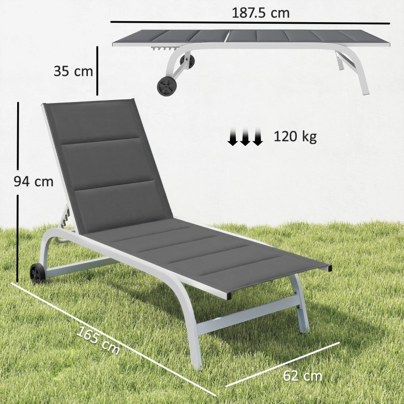 Outsunny Șezlong cu Roți, Spătar Reglabil, Cadru din Aluminiu, Cu Capitonare, Greutate Maximă 120 kg, Alb