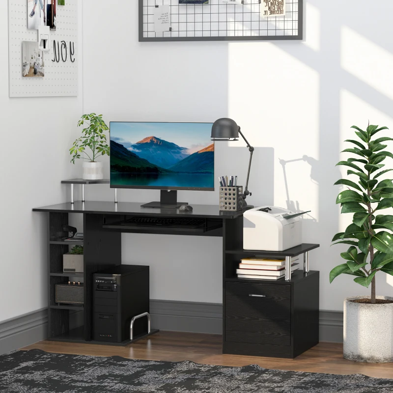 HOMCOM Mesa de Escritorio con 6 Estantes Cajón Bandeja de Teclado y Soportes para Monitor Impresora 152x60x88 cm Negro