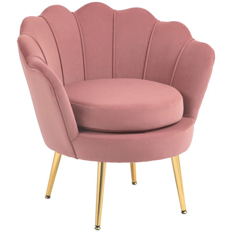 HOMCOM Butaca Tapizada en Terciopelo Butaca de Dormitorio con Respaldo en Forma de Concha y Patas Doradas 76x67x74 cm Rosa