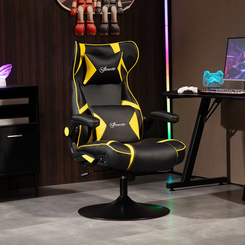 Vinsetto Gaming Stuhl mit Schaukelfunktion und Lautsprecher, Lenden- und Nackenstütze, für Spielzimmer, Kunstleder, Gelb+Schwarz