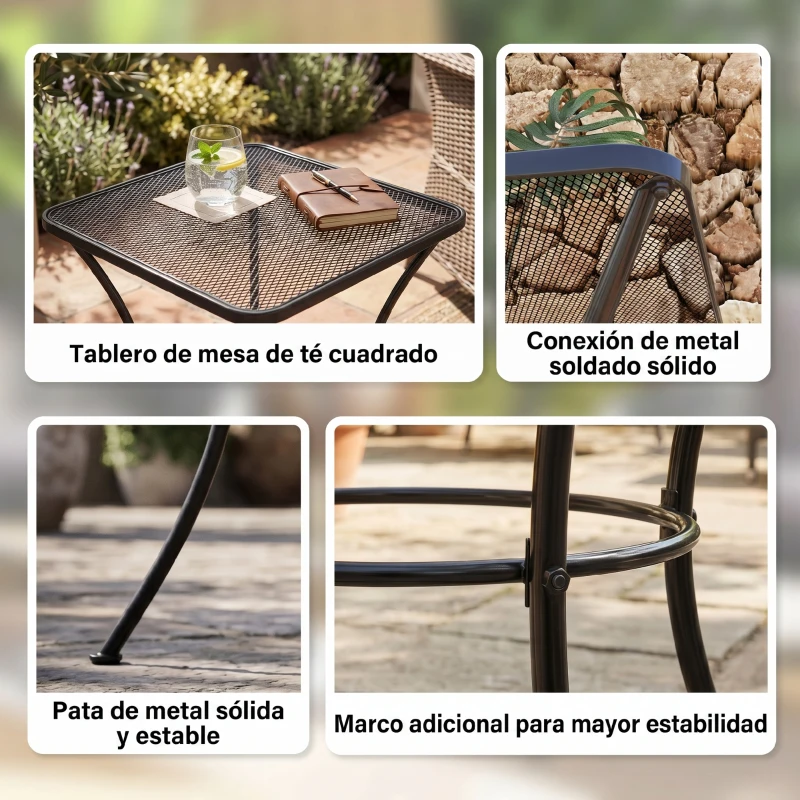 Outsunny Mesa Auxiliar Cuadrada Mesa de Jardín Exterior con Estructura de Metal para Patio Terraza Balcón 45x45x50 cm Negro